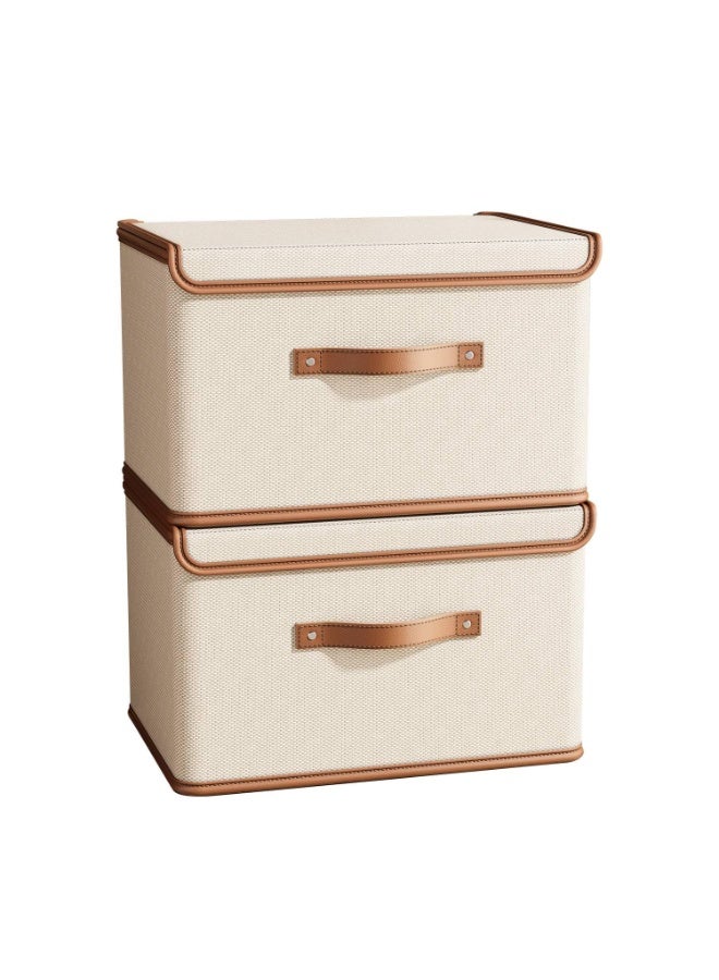 LODROC 2 Pack Storage Bins with Lids, Collapsible Closet Organizer Container, Fabric Organizer Box with Handles, Decorative Storage Boxes with Lids for Organizing Clothes, Books, File, White, Medium - Image 1
